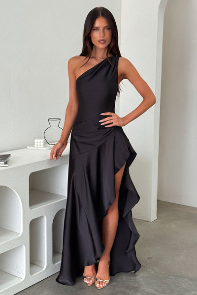Leni One Shoulder Satin Maxi Dress - Black  Thats So Fetch NZ
