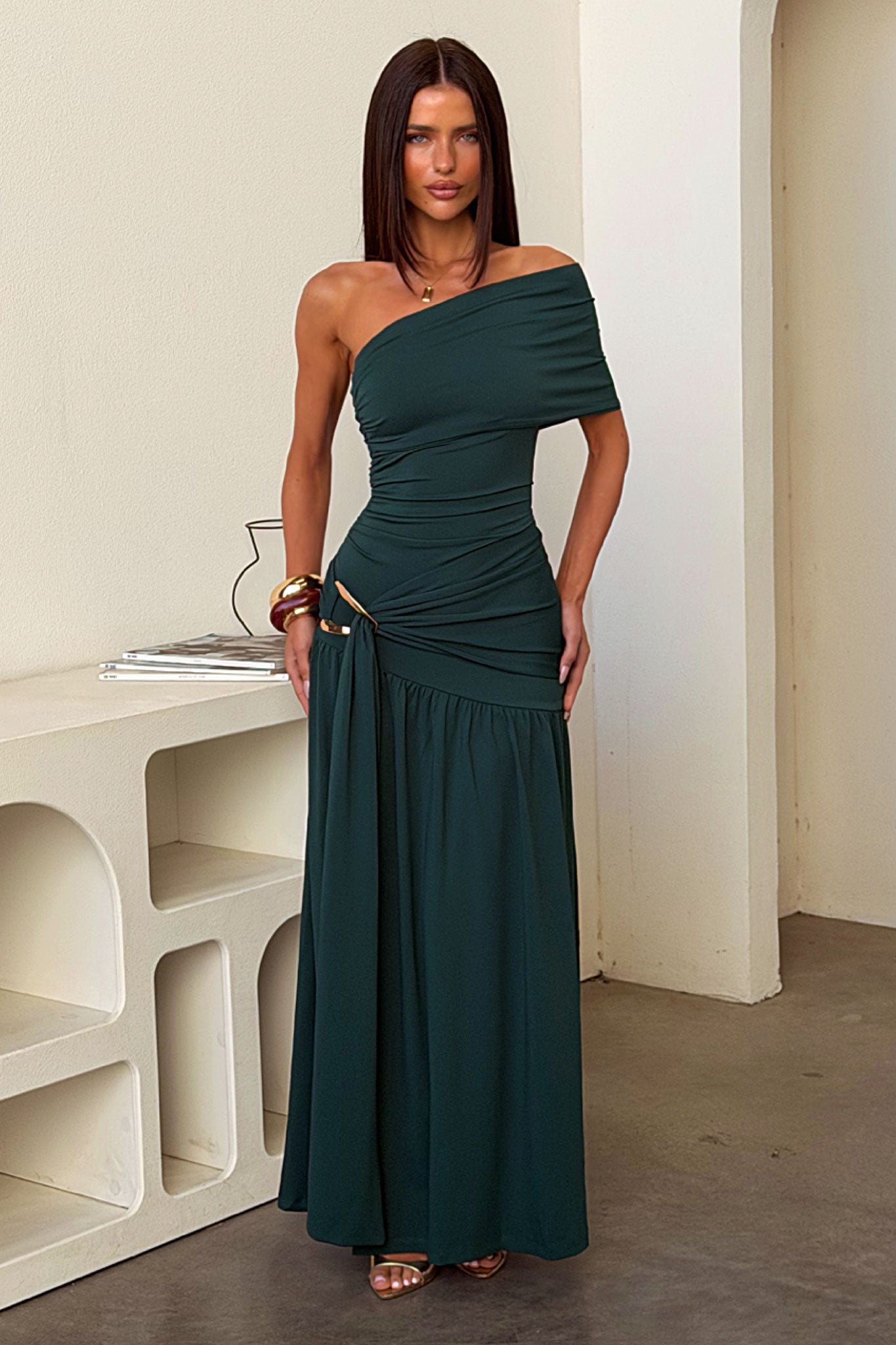 emerald green dress nz satin green dress Zapaka Women Dark Green Ball Dress A-Line Spaghetti  Straps Backless Long Satin Evening Dress with Slit  ZAPAKA NZ