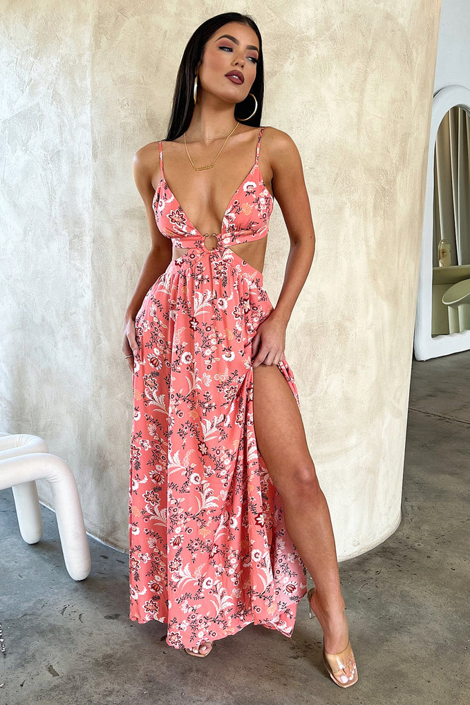 Coral floral maxi outlet dress