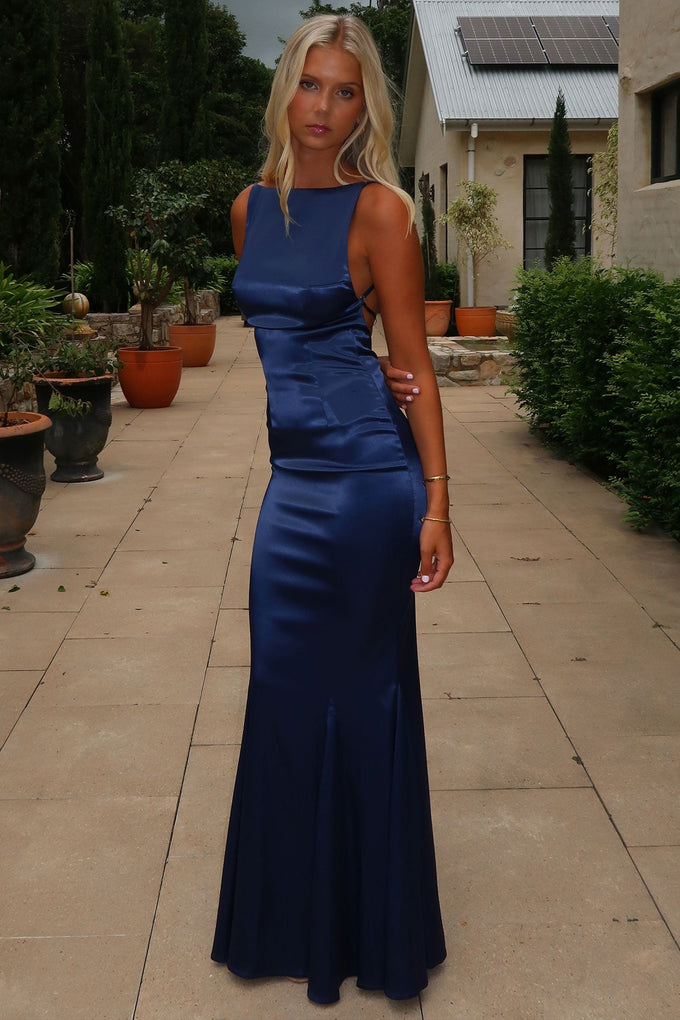 violetta maxi dress navy Margot High-Neck Satin Maxi Dress