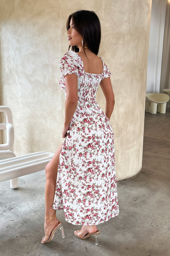 Solem Midi Dress - White / Rose Floral
